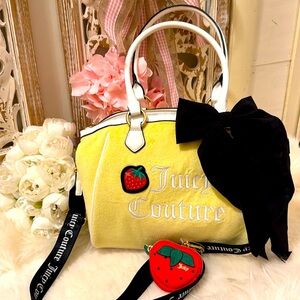 Juicy Couture Yellow and White Tote with Strawberry Charm and Black Bow 💕